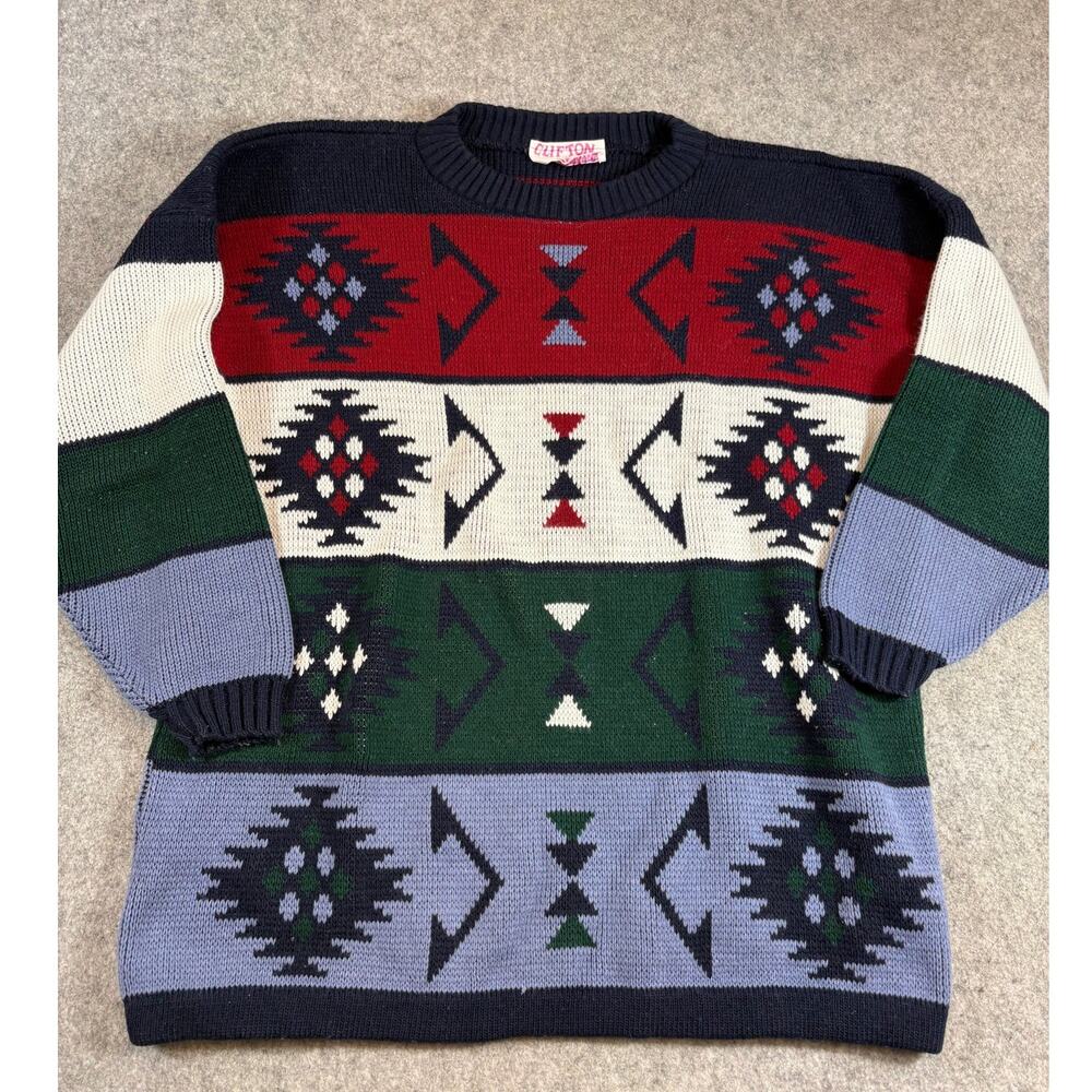 VINTAGE Clifton Place Sweater Men Aztec Southwestern Navajo Knit Pullover 90s XL
